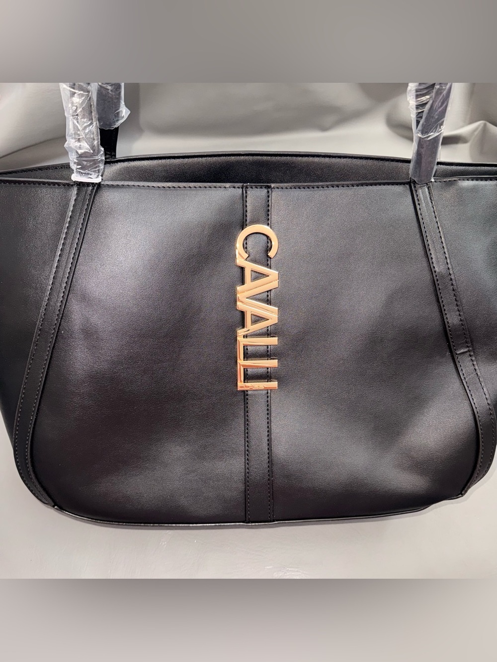 Cavalli Class Black Leather Tote Bag with Gold Logo